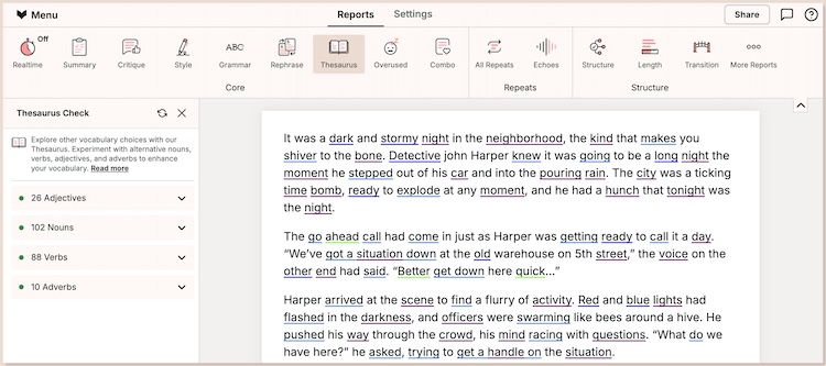 screenshot of the prowritingaid thesaurus check