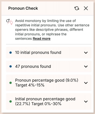 screenshot of prowritingaid pronoun check menu