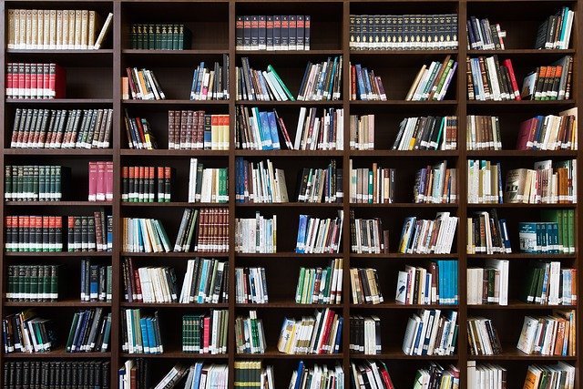 tall shelves with library books, spines out