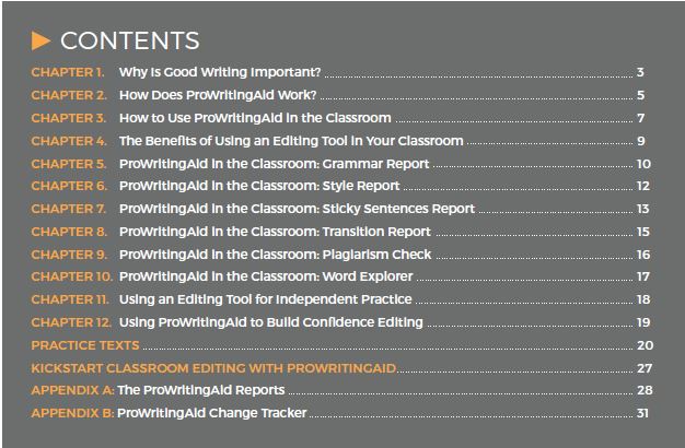 ProWritingAid Teacher's manual table of contents