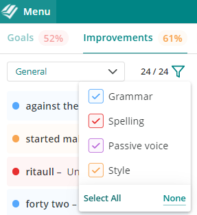 filtering system in ProWritingAid realtime report