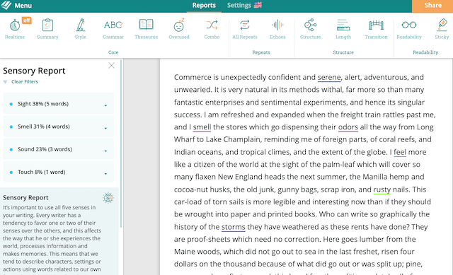 ProWritingAid's Sensory Report