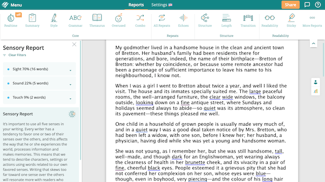 A screenshot of ProWritingAid's Sensory Report